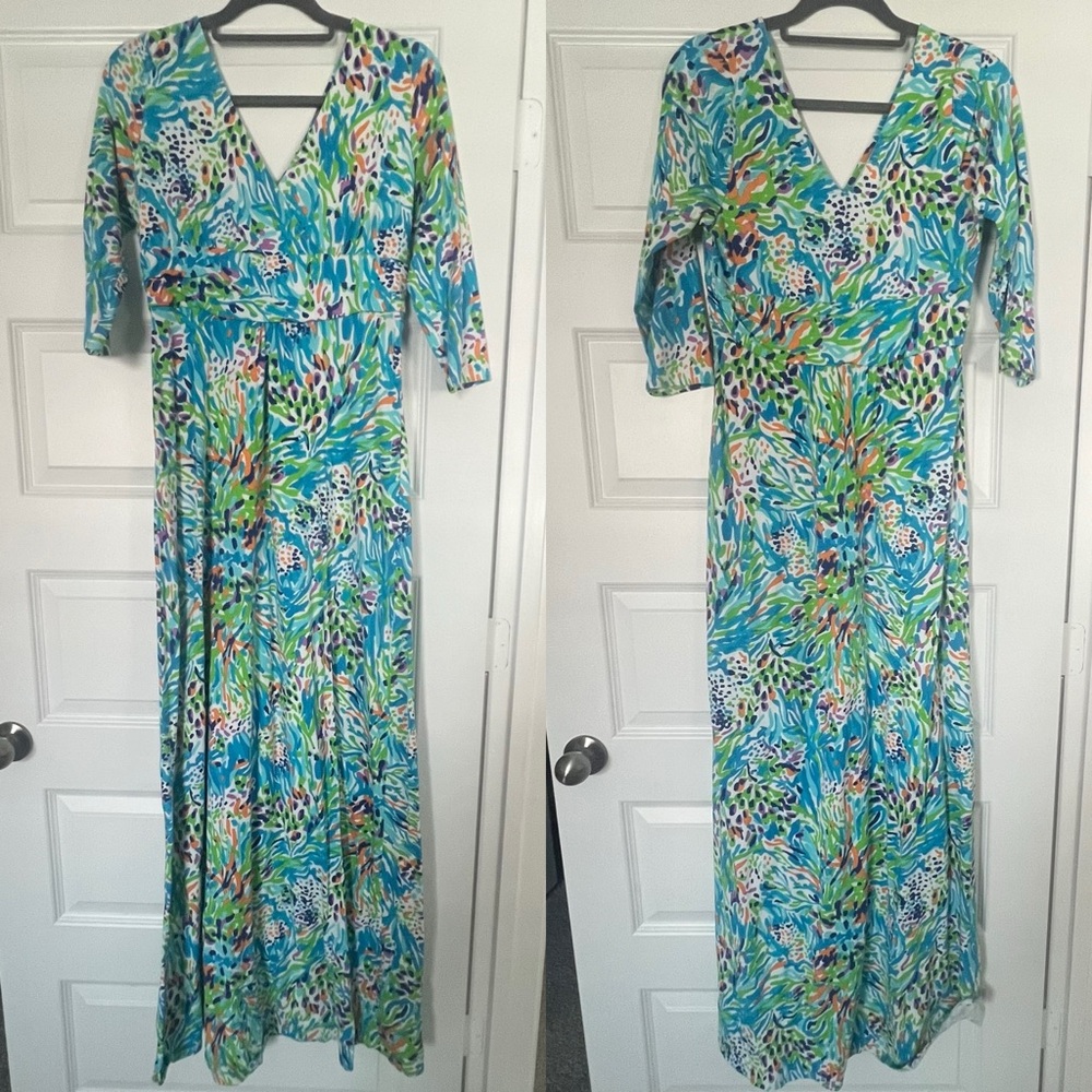 Lilly Pulitzer Gloria Sea Soiree Faux Wrap 3/4 Sleeves Maxi Dress